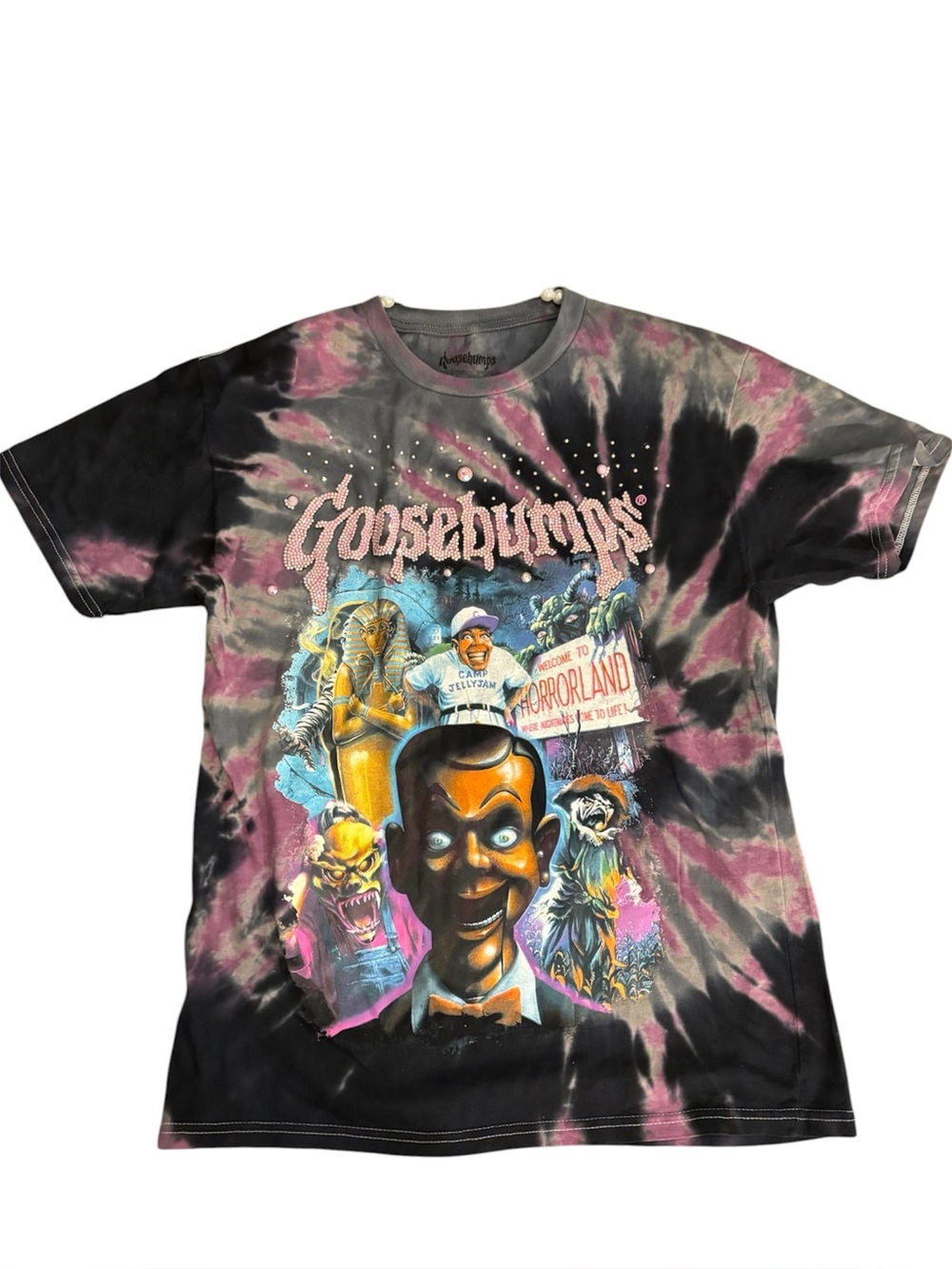 One of One Diamond Art Goosebumps Tie-Dye Graphic Tee in Black and Pink Small